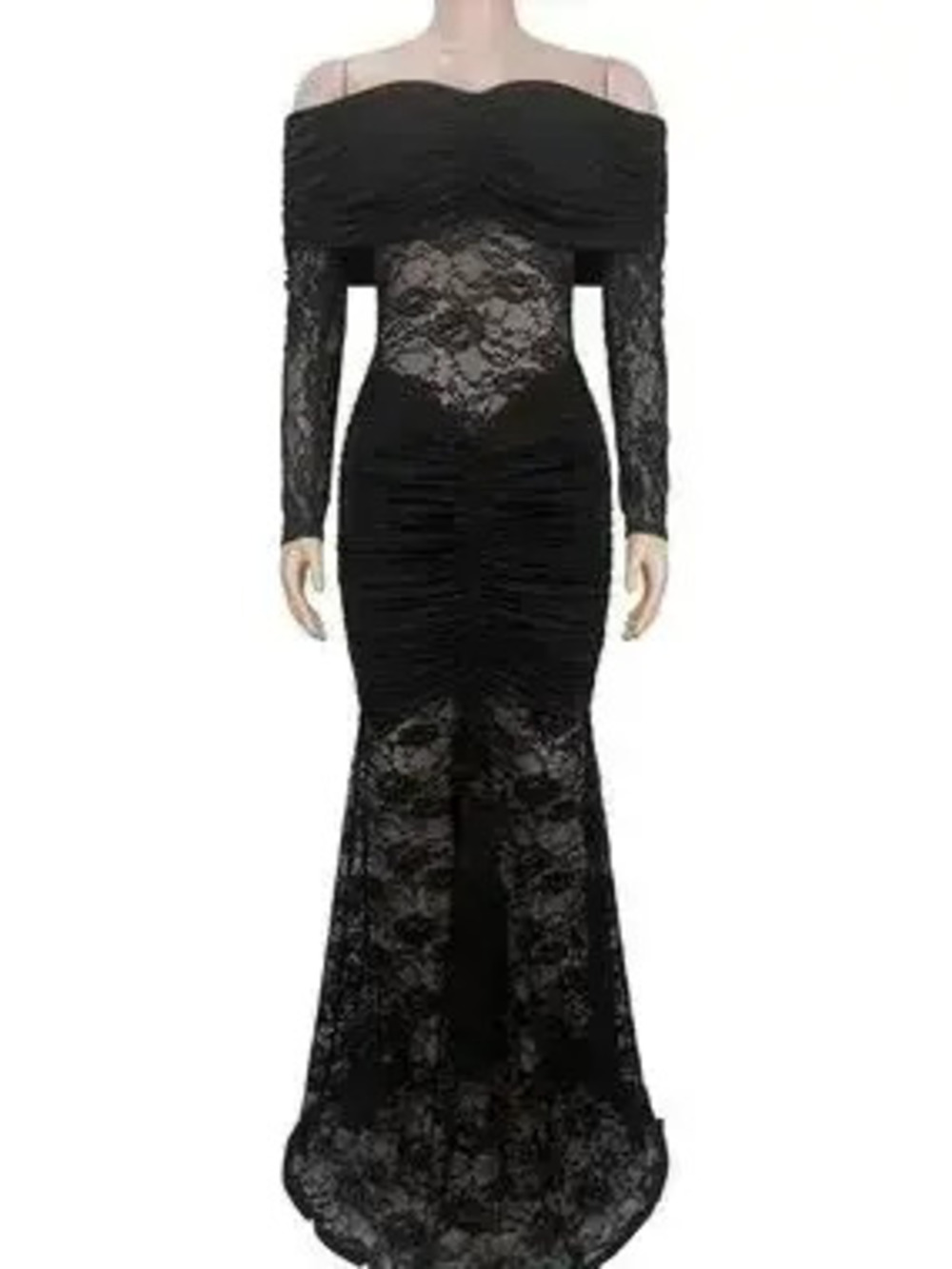 Off-Shoulder Ruched Lace Mermaid Maxi Dress - Picture 8 of 10